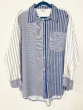 Azura Blue White Striped Button Down Shirt L Nautical Oversized Collared